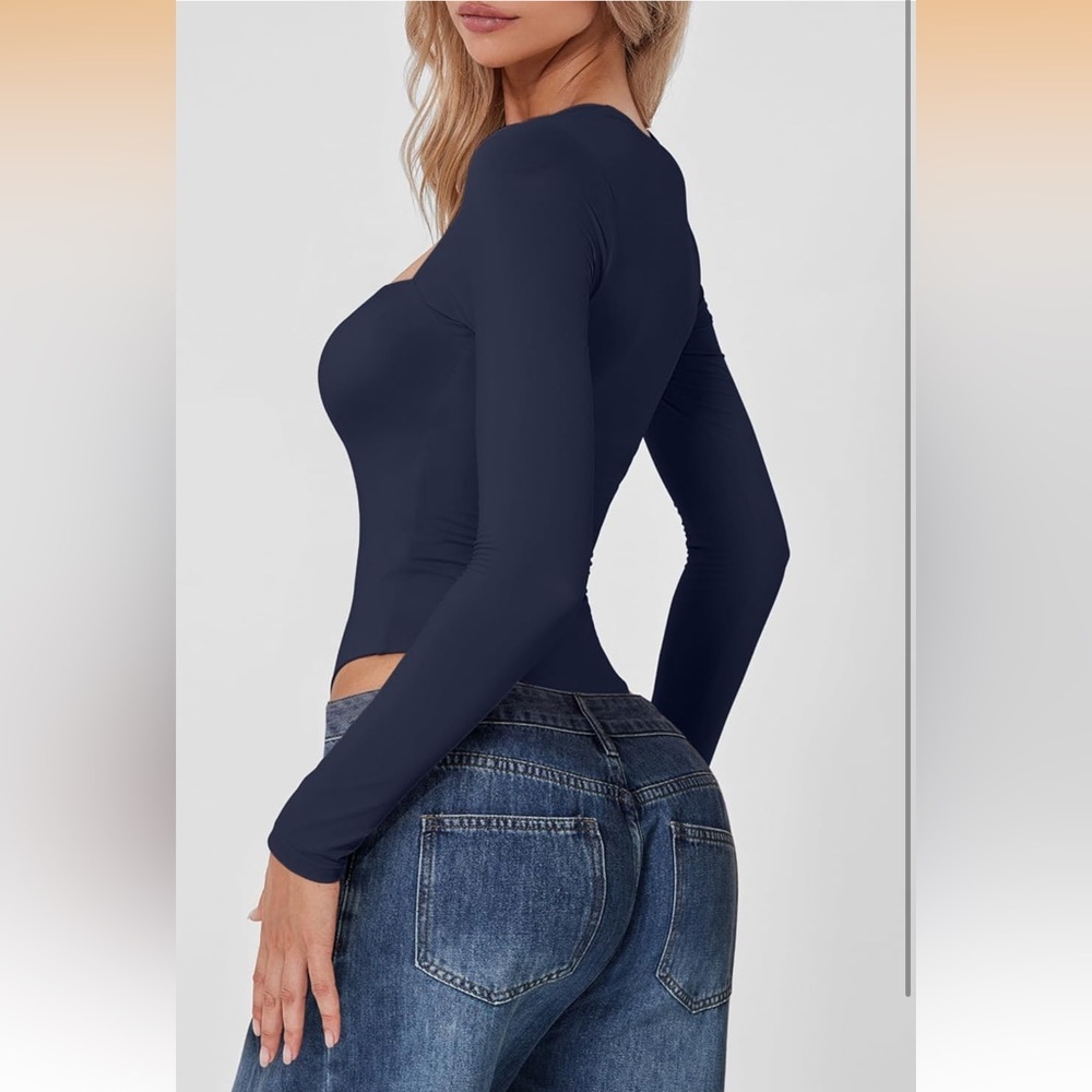 Womens Sexy Square Neck Bodysuit Long Sleeve Double Lined Shirt Tops NWT Size XS - Picture 2 of 6